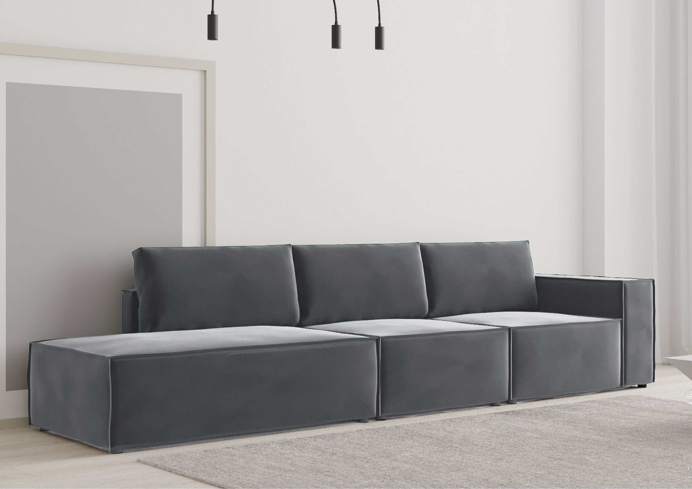 Grafitowa sofa z przeszyciem zewnętrznym